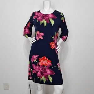 Alexandra + Oak Navy Red Wide Sleeve Multicolor Romantic Floral Sheath Dress L